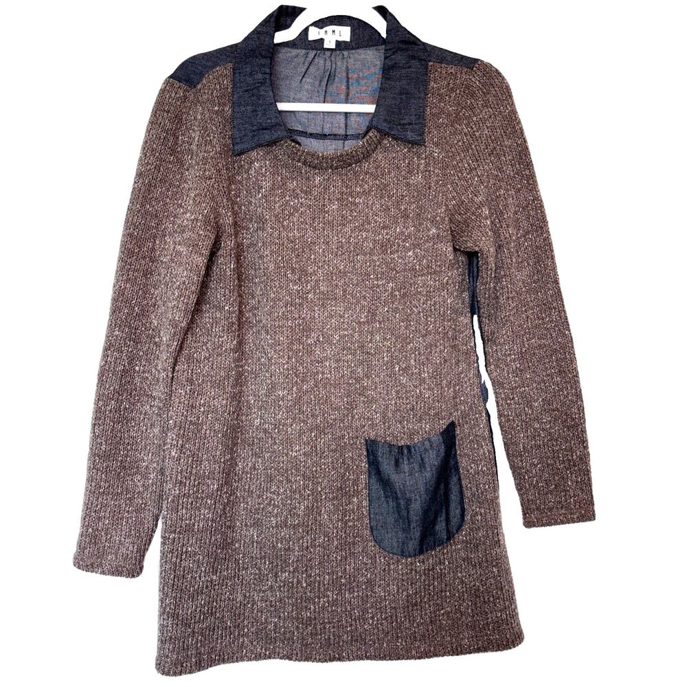 THML Anthropologie Collared Knit Contrast Denim Tunic Sweater Top Pocket Size S